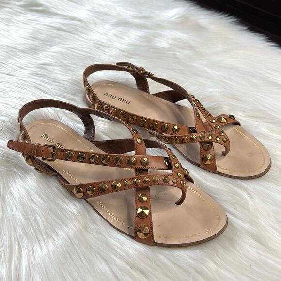 Miu Miu Brown Gold Studded Leather Sandals - Picture 1 of 9